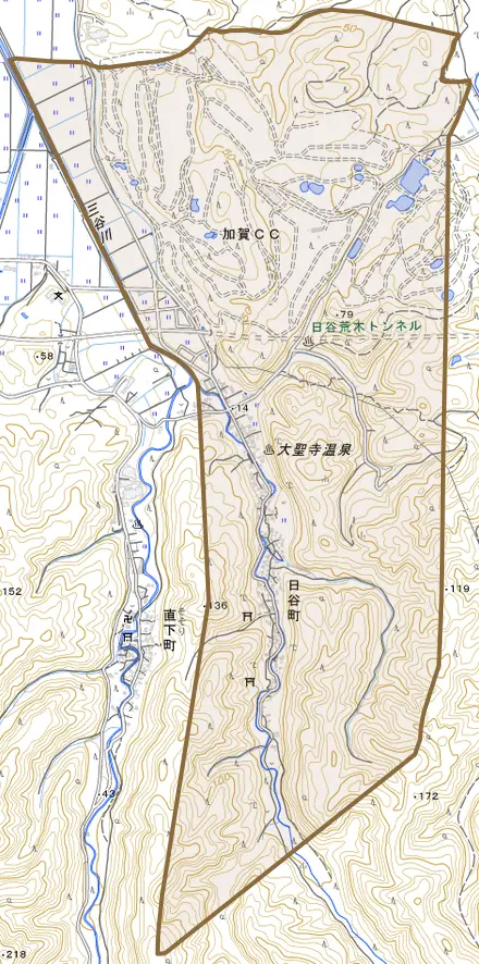 日谷町とその周辺の地図。町の範囲を重ねている