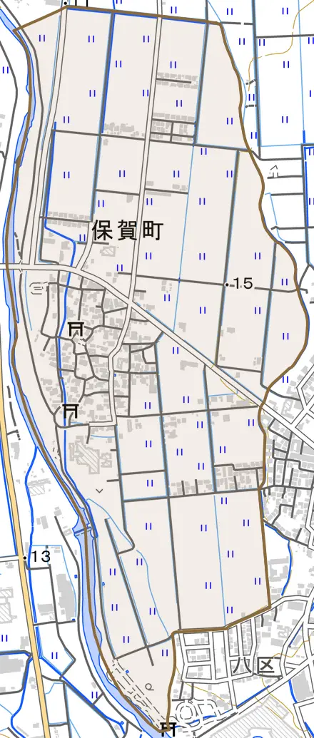 保賀町とその周辺の地図。町の範囲を重ねている