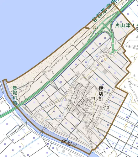 伊切町とその周辺の地図。町の範囲を重ねている