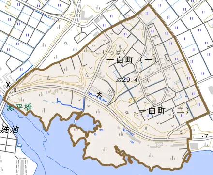 一白町とその周辺の地図。町の範囲を重ねている