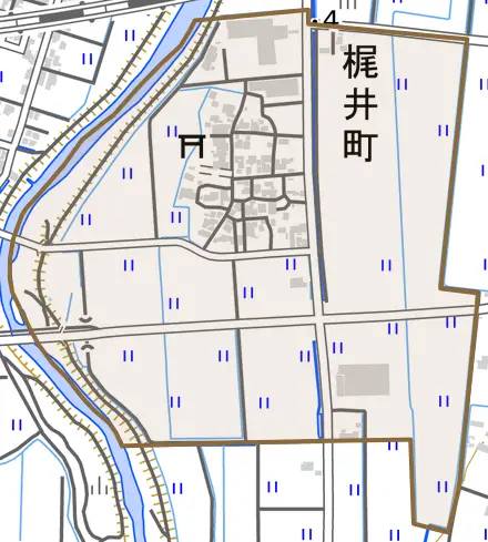 梶井町とその周辺の地図。町の範囲を重ねている
