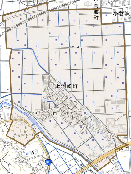 上河崎町とその周辺の地図。町の範囲を重ねている