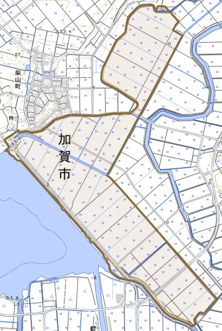 干拓町とその周辺の地図。町の範囲を重ねている