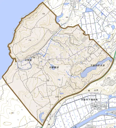 片野町とその周辺の地図。町の範囲を重ねている
