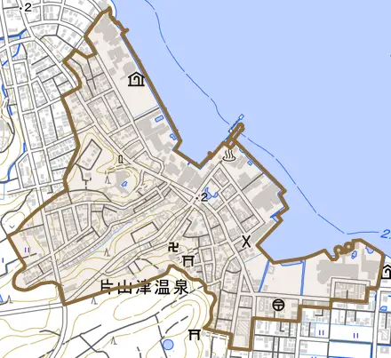 片山津温泉とその周辺の地図。町の範囲を重ねている
