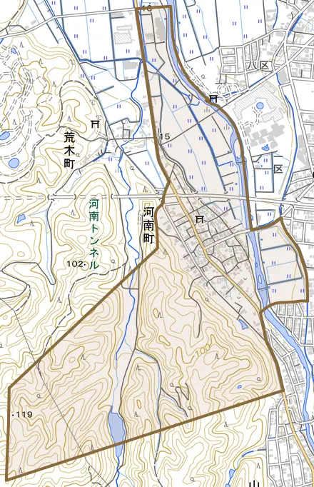 河南町とその周辺の地図。町の範囲を重ねている