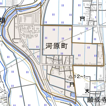 河原町とその周辺の地図。町の範囲を重ねている