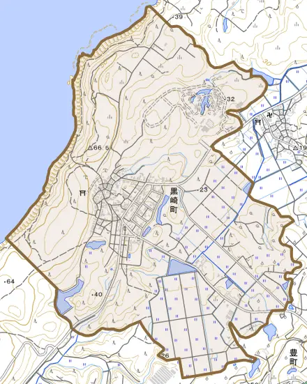 黒崎町とその周辺の地図。町の範囲を重ねている