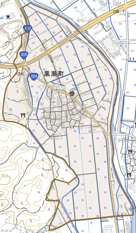 黒瀬町とその周辺の地図。町の範囲を重ねている