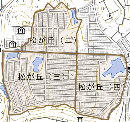 松が丘とその周辺の地図。町の範囲を重ねている