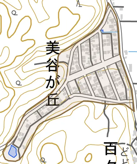 美谷が丘とその周辺の地図。町の範囲を重ねている