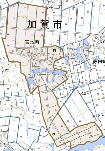 宮地町とその周辺の地図。町の範囲を重ねている