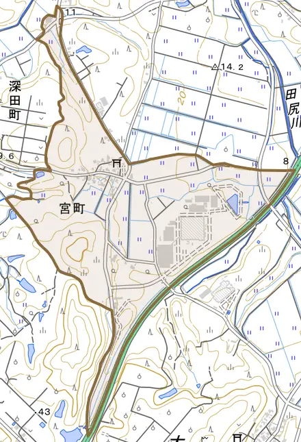 宮町とその周辺の地図。町の範囲を重ねている