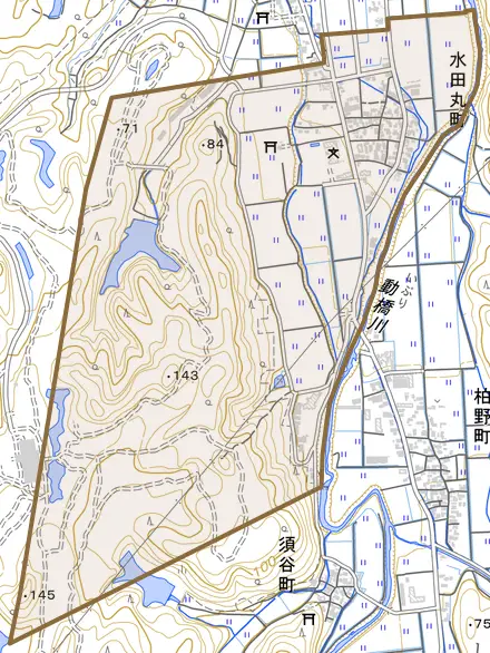 水田丸町とその周辺の地図。町の範囲を重ねている