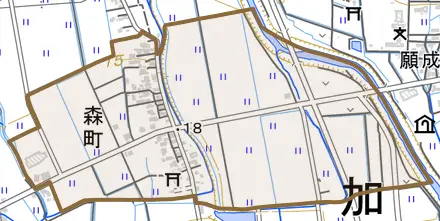 森町とその周辺の地図。町の範囲を重ねている