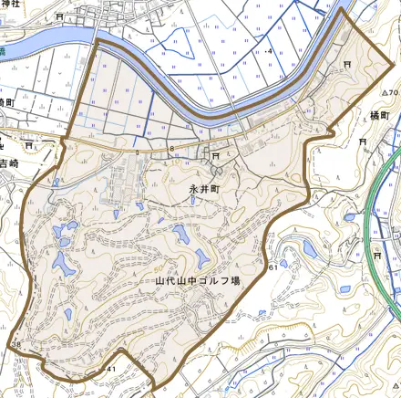 永井町とその周辺の地図。町の範囲を重ねている