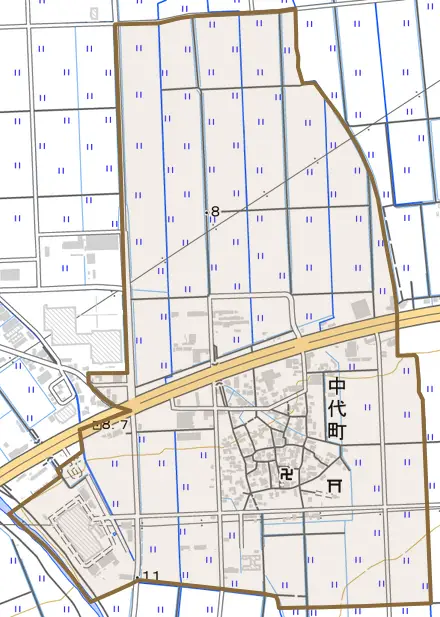 中代町とその周辺の地図。町の範囲を重ねている