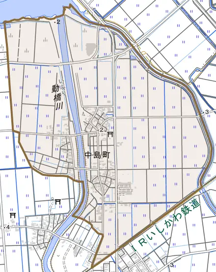 中島町とその周辺の地図。町の範囲を重ねている