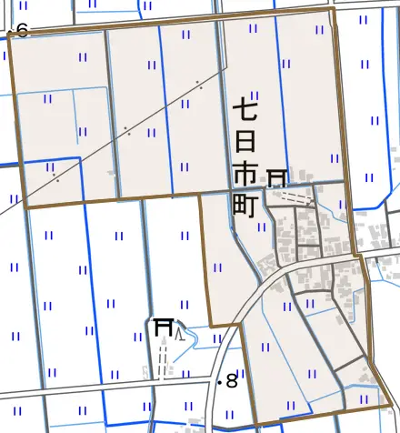 七日市町とその周辺の地図。町の範囲を重ねている
