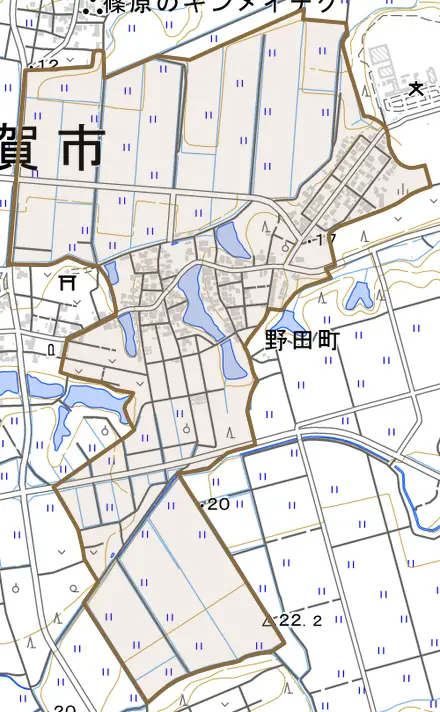 野田町とその周辺の地図。町の範囲を重ねている