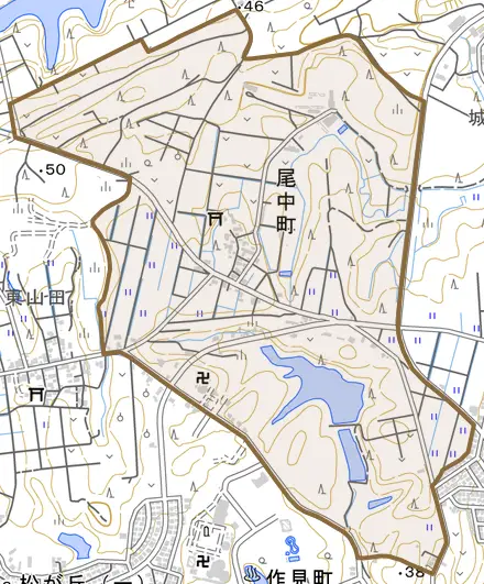 尾中町とその周辺の地図。町の範囲を重ねている