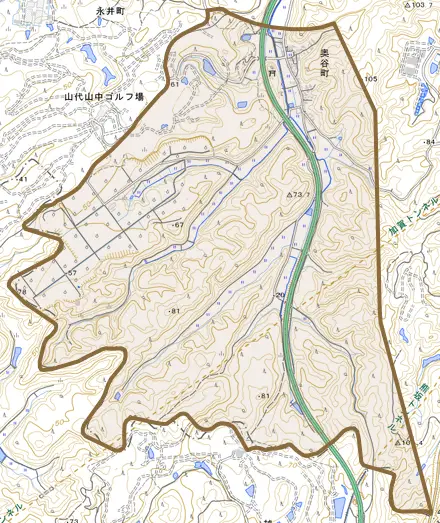 奥谷町とその周辺の地図。町の範囲を重ねている