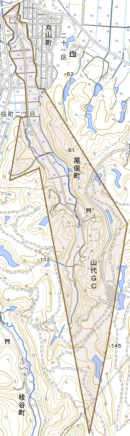 尾俣町とその周辺の地図。町の範囲を重ねている