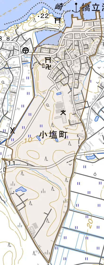 小塩町とその周辺の地図。町の範囲を重ねている