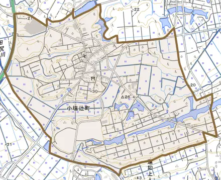 小塩辻町とその周辺の地図。町の範囲を重ねている
