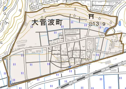 大菅波町とその周辺の地図。町の範囲を重ねている