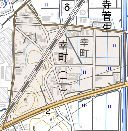 幸町とその周辺の地図。町の範囲を重ねている