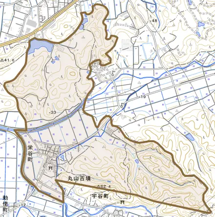 栄谷町とその周辺の地図。町の範囲を重ねている