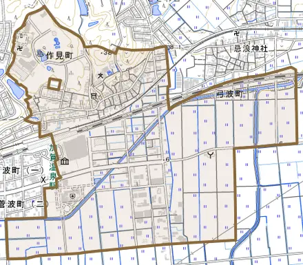 作見町とその周辺の地図。町の範囲を重ねている
