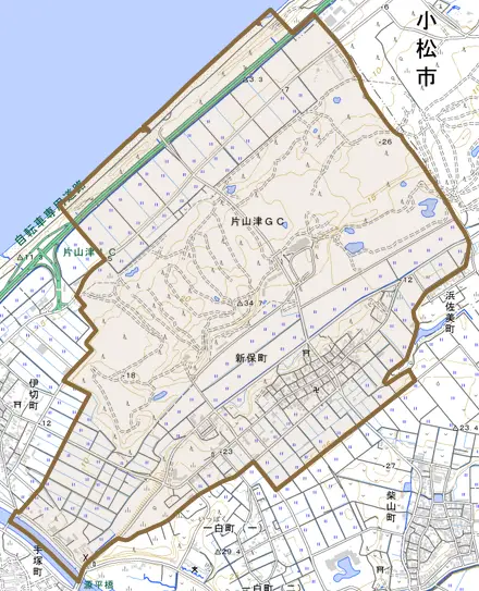 新保町とその周辺の地図。町の範囲を重ねている