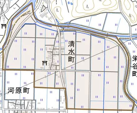 清水町とその周辺の地図。町の範囲を重ねている