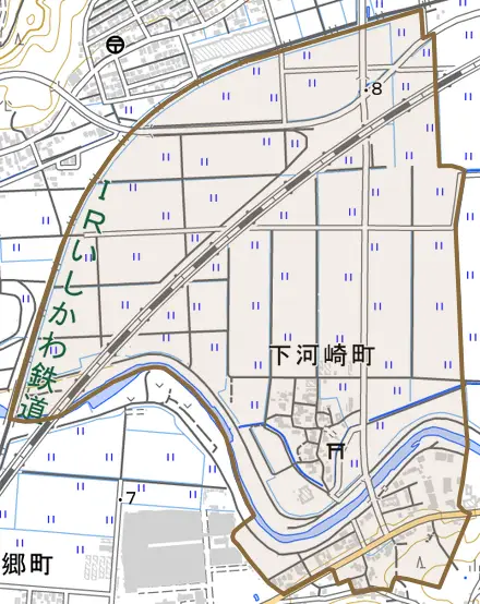 下河崎町とその周辺の地図。町の範囲を重ねている