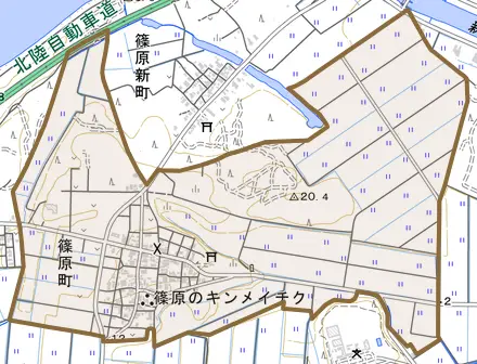 篠原町とその周辺の地図。町の範囲を重ねている