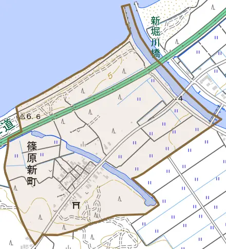 篠原新町とその周辺の地図。町の範囲を重ねている