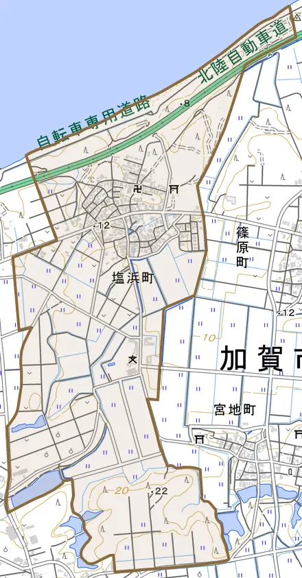 塩浜町とその周辺の地図。町の範囲を重ねている