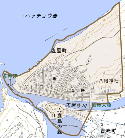 塩屋町とその周辺の地図。町の範囲を重ねている