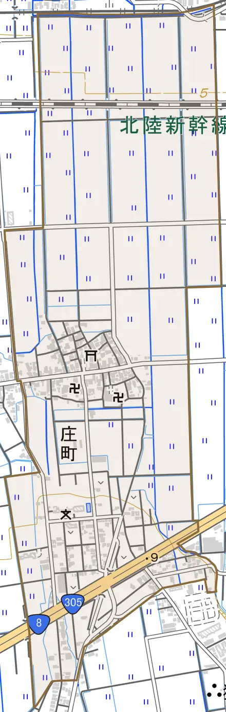 庄町とその周辺の地図。町の範囲を重ねている