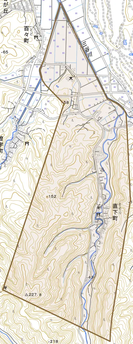 直下町とその周辺の地図。町の範囲を重ねている