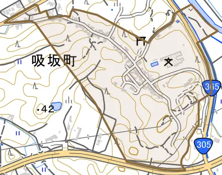 吸坂町とその周辺の地図。町の範囲を重ねている