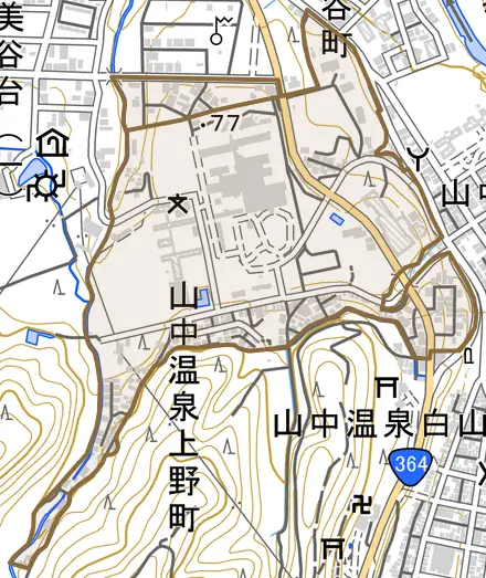 山中温泉上野町とその周辺の地図。町の範囲を重ねている