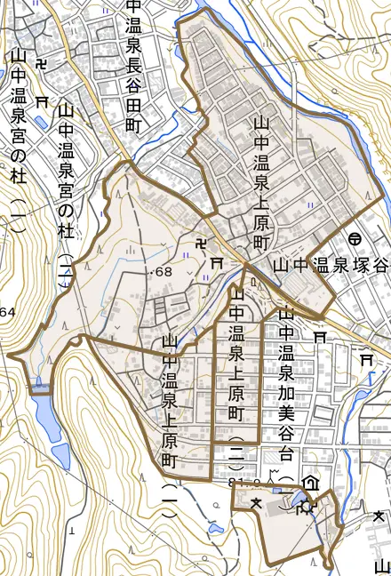 山中温泉上原町とその周辺の地図。町の範囲を重ねている