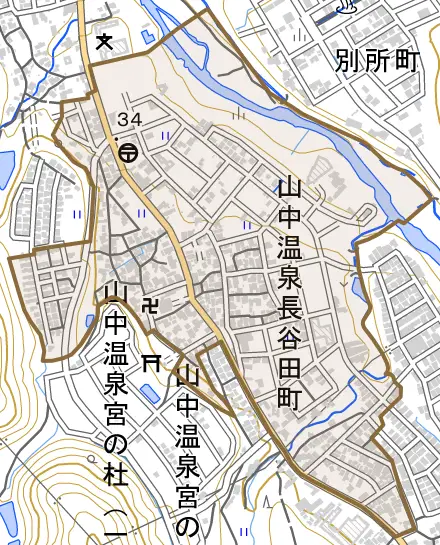 山中温泉長谷田町とその周辺の地図。町の範囲を重ねている