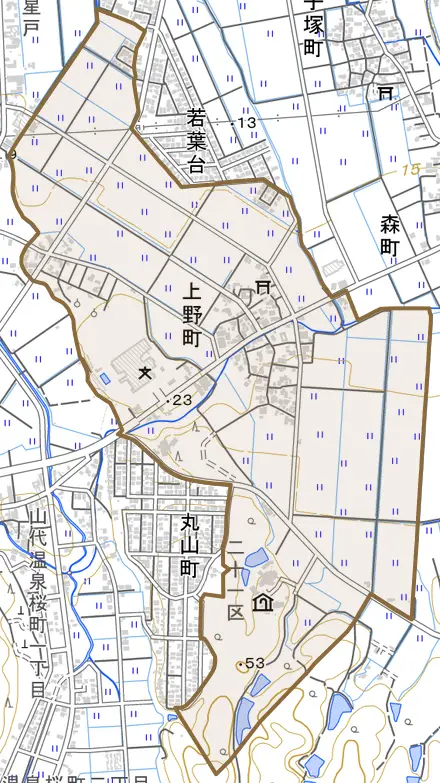 上野町とその周辺の地図。町の範囲を重ねている