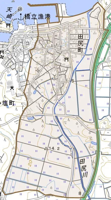 田尻町とその周辺の地図。町の範囲を重ねている