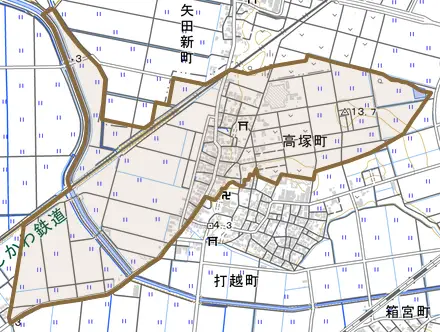 高塚町とその周辺の地図。町の範囲を重ねている