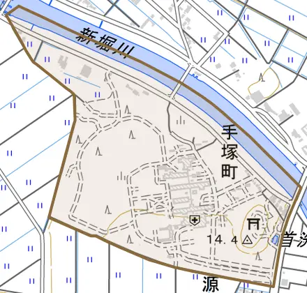 手塚町とその周辺の地図。町の範囲を重ねている